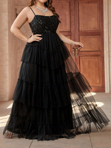 Plus Size Elegant Romantic Women's Spaghetti Strap Beaded Patchwork Bra Cups Party Wedding Event Eid Vacation Easter Dinner Country Music Festival Evening Dress