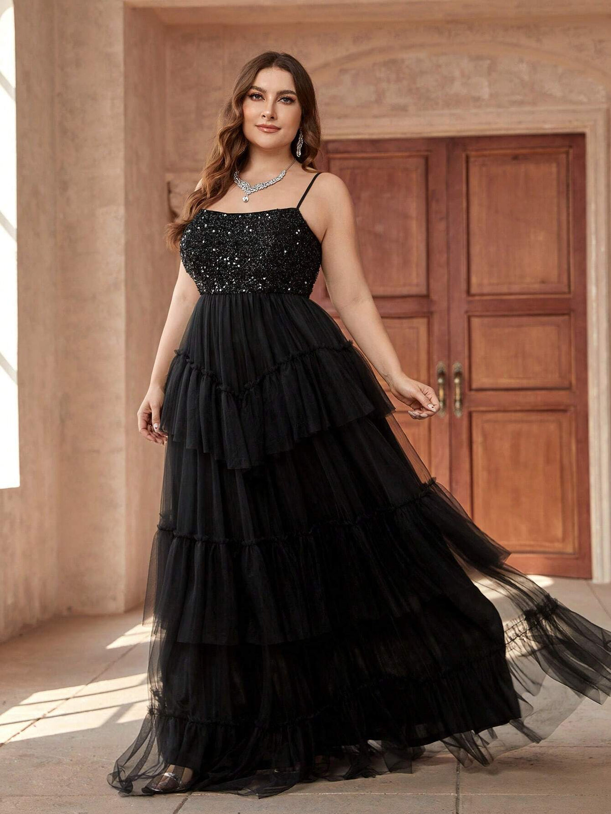 Plus Size Elegant Romantic Women's Spaghetti Strap Beaded Patchwork Bra Cups Party Wedding Event Eid Vacation Easter Dinner Country Music Festival Evening Dress