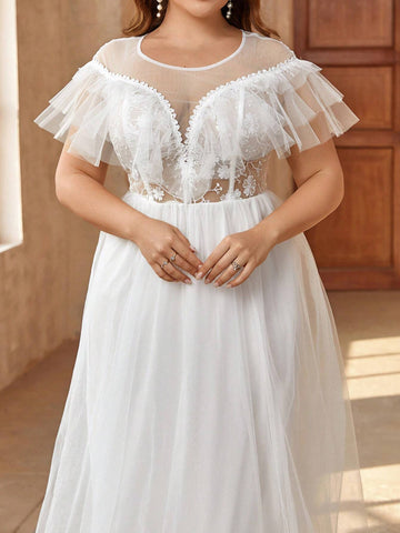 Plus Size Elegant Wedding Dress With Embroidery, Mesh Splice And Ruffle Hem Design