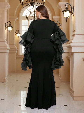 Plus Size Exaggerated Lotus Leaf Sleeve Mermaid Formal Evening Dress