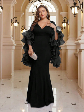 Plus Size Exaggerated Lotus Leaf Sleeve Mermaid Formal Evening Dress