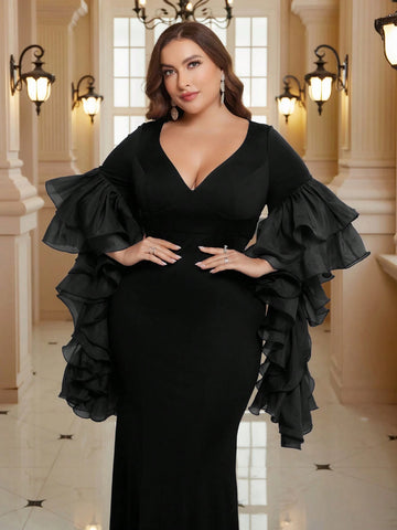 Plus Size Exaggerated Lotus Leaf Sleeve Mermaid Formal Evening Dress