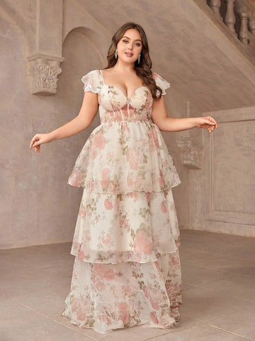 Plus Size Floral Print Dress With Sweetheart Collar, Multi-Layered Sweet And Romantic Bridesmaid Dress
