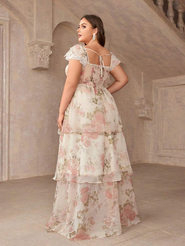 Plus Size Floral Print Dress With Sweetheart Collar, Multi-Layered Sweet And Romantic Bridesmaid Dress
