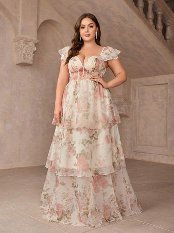 Plus Size Floral Print Dress With Sweetheart Collar, Multi-Layered Sweet And Romantic Bridesmaid Dress