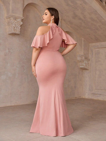 Plus Size Peach Pink Off The Shoulder Fish Tail Bridesmaid Dress With Flounce Sleeves And Hollow Out Detail