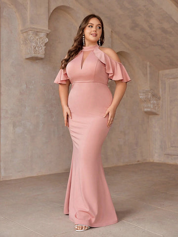 Plus Size Peach Pink Off The Shoulder Fish Tail Bridesmaid Dress With Flounce Sleeves And Hollow Out Detail