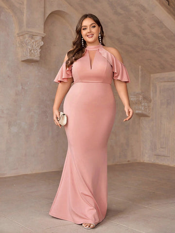 Plus Size Peach Pink Off The Shoulder Fish Tail Bridesmaid Dress With Flounce Sleeves And Hollow Out Detail