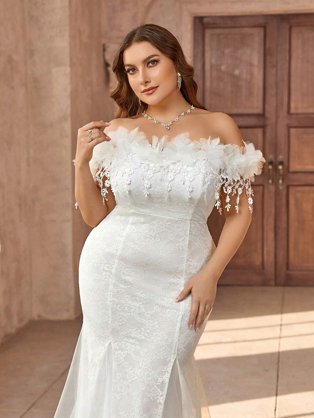 Plus Size Romantic Floral Strapless Mermaid Wedding Dress With Court Train