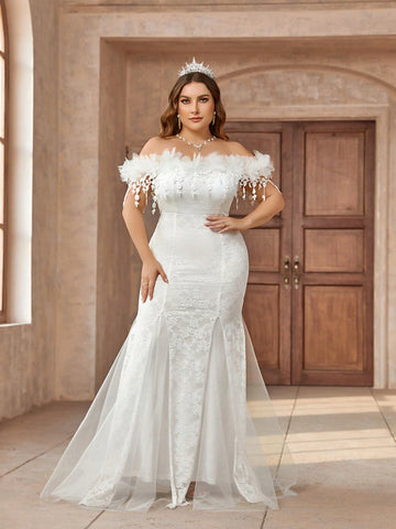 Plus Size Romantic Floral Strapless Mermaid Wedding Dress With Court Train