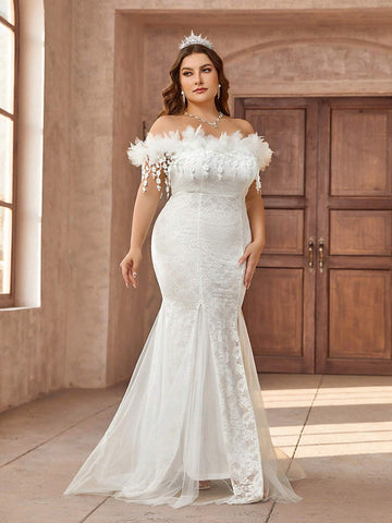 Plus Size Romantic Floral Strapless Mermaid Wedding Dress With Court Train
