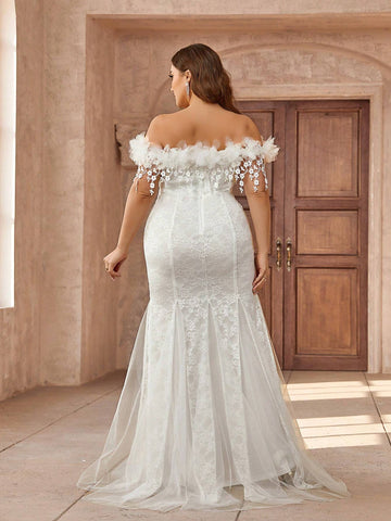 Plus Size Romantic Floral Strapless Mermaid Wedding Dress With Court Train