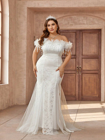 Plus Size Romantic Floral Strapless Mermaid Wedding Dress With Court Train