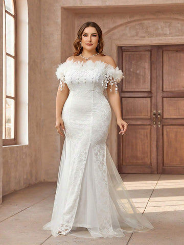 Plus Size Romantic Floral Strapless Mermaid Wedding Dress With Court Train