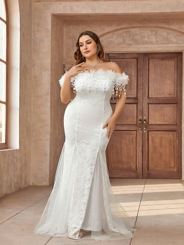 Plus Size Romantic Floral Strapless Mermaid Wedding Dress With Court Train