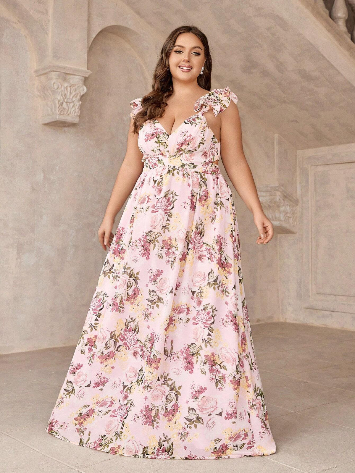 Plus Size Romantic Ruffle Edge & Floral Printed Bridesmaid Dress With Embellishment
