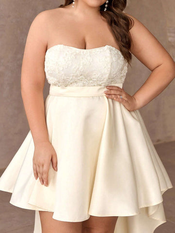 Plus Size Strapless Cocktail Dress With Embroidery, Ruched Waist And Asymmetric Hemline