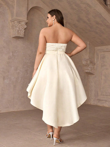 Plus Size Strapless Cocktail Dress With Embroidery, Ruched Waist And Asymmetric Hemline
