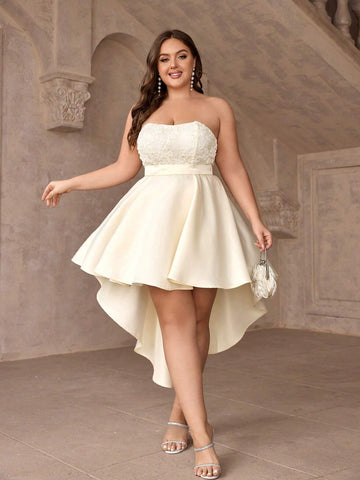Plus Size Strapless Cocktail Dress With Embroidery, Ruched Waist And Asymmetric Hemline