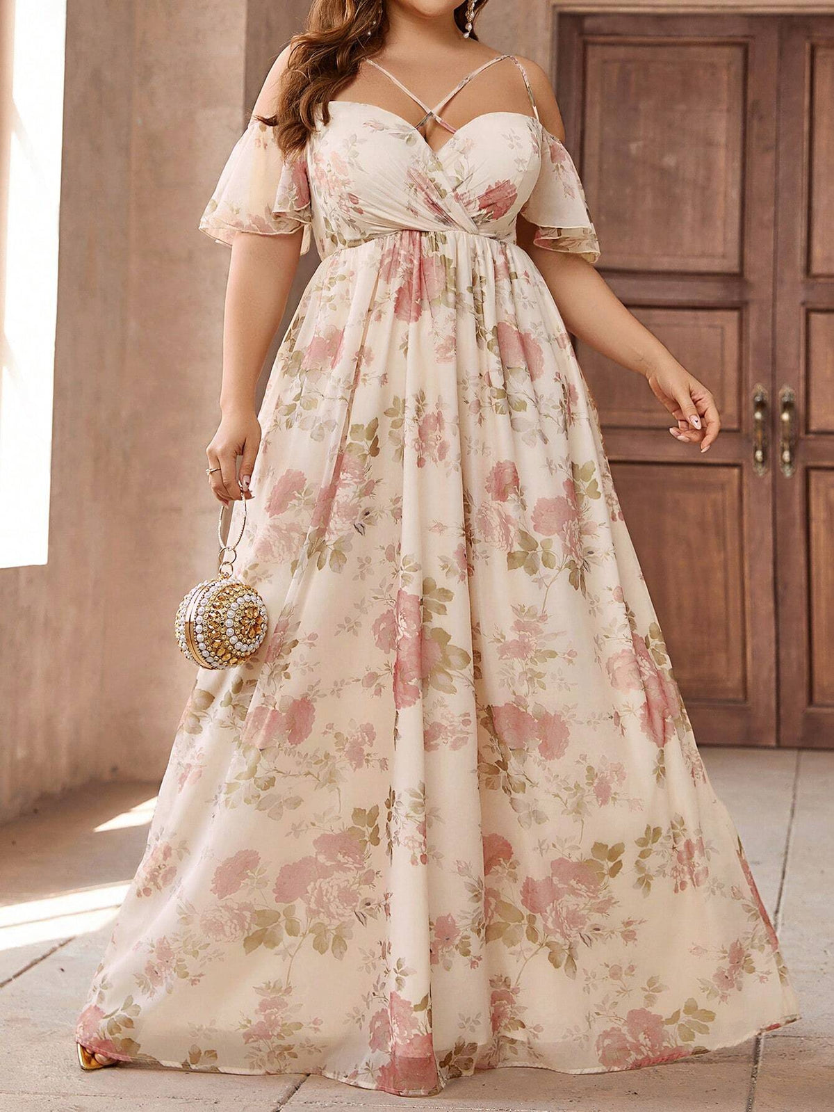 Plus Size Women's Apricot Elegant Floral Print Off Shoulder Cross Neck Ruffle Sleeve Elegant Formal Dress Bridesmaid Dress