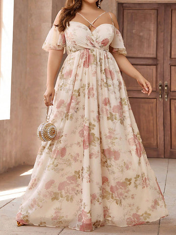 Plus Size Women's Apricot Elegant Floral Print Off Shoulder Cross Neck Ruffle Sleeve Elegant Formal Dress Bridesmaid Dress