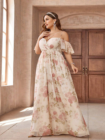 Plus Size Women's Apricot Elegant Floral Print Off Shoulder Cross Neck Ruffle Sleeve Elegant Formal Dress Bridesmaid Dress