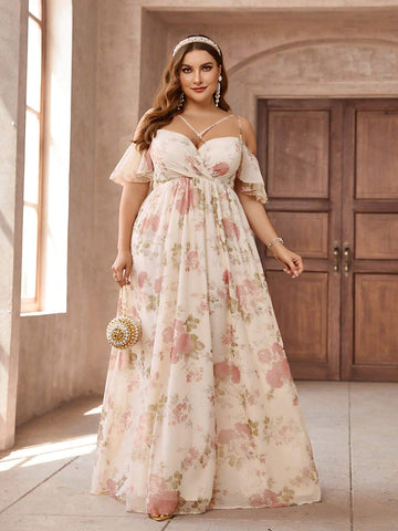 Plus Size Women's Apricot Elegant Floral Print Off Shoulder Cross Neck Ruffle Sleeve Elegant Formal Dress Bridesmaid Dress