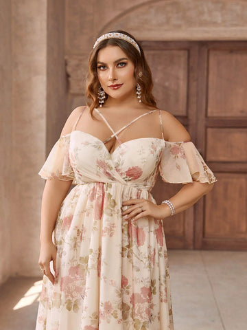 Plus Size Women's Apricot Elegant Floral Print Off Shoulder Cross Neck Ruffle Sleeve Elegant Formal Dress Bridesmaid Dress