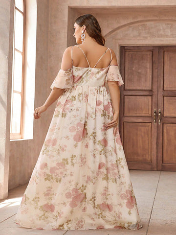 Plus Size Women's Apricot Elegant Floral Print Off Shoulder Cross Neck Ruffle Sleeve Elegant Formal Dress Bridesmaid Dress