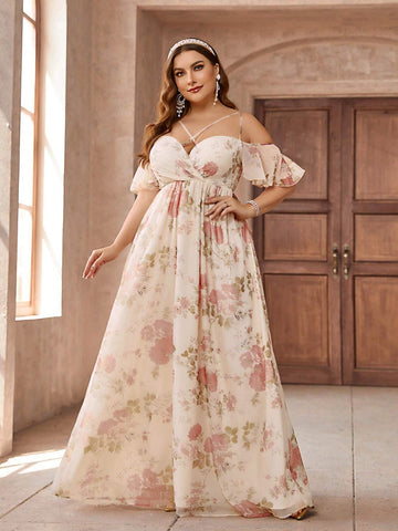 Plus Size Women's Apricot Elegant Floral Print Off Shoulder Cross Neck Ruffle Sleeve Elegant Formal Dress Bridesmaid Dress