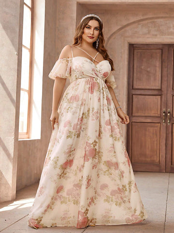 Plus Size Women's Apricot Elegant Floral Print Off Shoulder Cross Neck Ruffle Sleeve Elegant Formal Dress Bridesmaid Dress