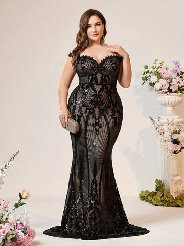 Plus Size Women's Black Lace Sheer Perspective Luxurious Beaded Fabric Elegant Mermaid Heavy Work Evening Dress