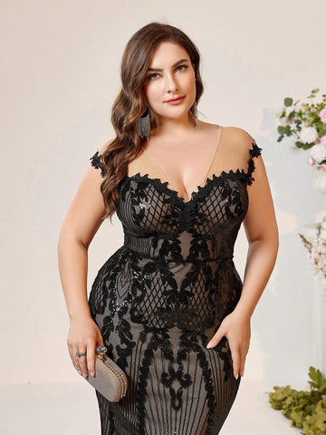 Plus Size Women's Black Lace Sheer Perspective Luxurious Beaded Fabric Elegant Mermaid Heavy Work Evening Dress