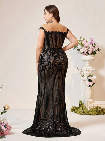 Plus Size Women's Black Lace Sheer Perspective Luxurious Beaded Fabric Elegant Mermaid Heavy Work Evening Dress