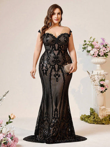 Plus Size Women's Black Lace Sheer Perspective Luxurious Beaded Fabric Elegant Mermaid Heavy Work Evening Dress