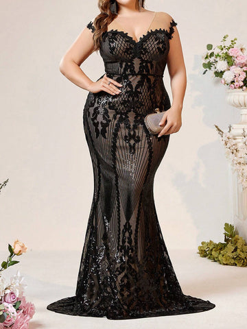 Plus Size Women's Black Lace Sheer Perspective Luxurious Beaded Fabric Elegant Mermaid Heavy Work Evening Dress