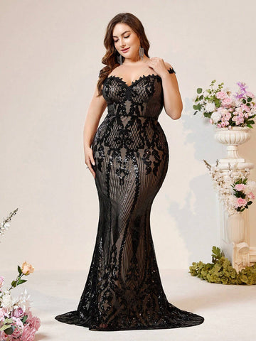 Plus Size Women's Black Lace Sheer Perspective Luxurious Beaded Fabric Elegant Mermaid Heavy Work Evening Dress