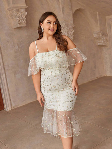 Plus Size Women's Off-The-Shoulder Light Apricot Embroidered Flower Sweetheart Neckline Mermaid Cocktail Party Dress