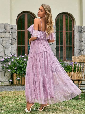 Polka Dot Mesh Off-Shoulder Bridesmaid Dress