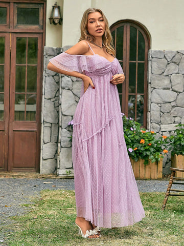 Polka Dot Mesh Off-Shoulder Bridesmaid Dress