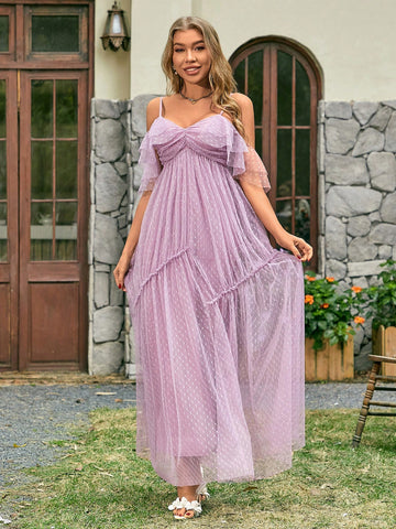 Polka Dot Mesh Off-Shoulder Bridesmaid Dress