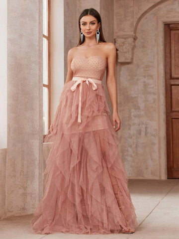 Polka Dot Mesh Patchwork Floor Length Strapless Bridesmaid Dress