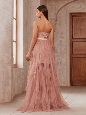 Polka Dot Mesh Patchwork Floor Length Strapless Bridesmaid Dress