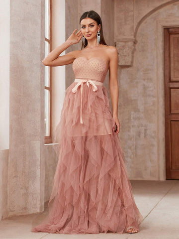 Polka Dot Mesh Patchwork Floor Length Strapless Bridesmaid Dress