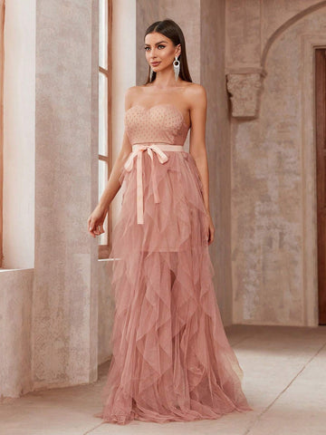 Polka Dot Mesh Patchwork Floor Length Strapless Bridesmaid Dress