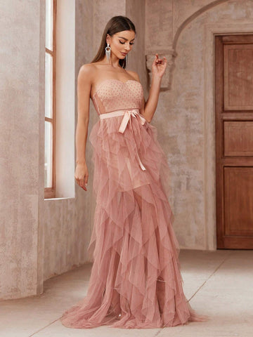 Polka Dot Mesh Patchwork Floor Length Strapless Bridesmaid Dress