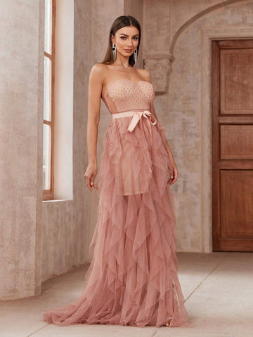 Polka Dot Mesh Patchwork Floor Length Strapless Bridesmaid Dress