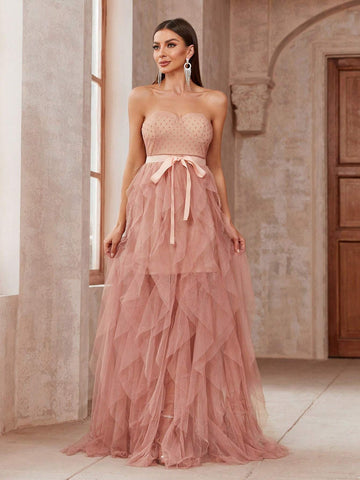 Polka Dot Mesh Patchwork Floor Length Strapless Bridesmaid Dress