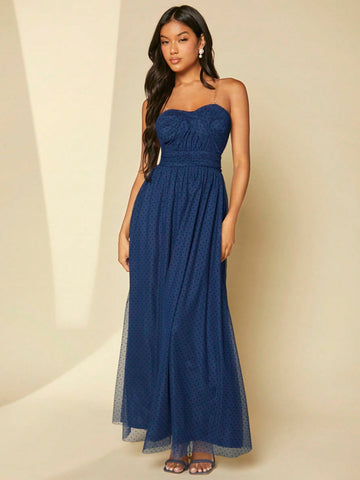 Polka Dot Ruched Mesh Cami Bridesmaid Dress