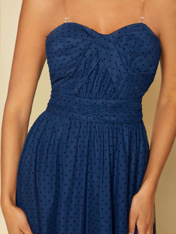 Polka Dot Ruched Mesh Cami Bridesmaid Dress
